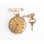 An open face key wind pocket watch, the gold-tone dial having hourly Roman numeral markers with