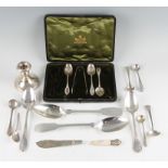 A collection of flatware, to include a part boxed set of silver Mappin & Webb spoons and a pair of