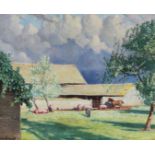 EVERETT. Framed, signed, 20th Century oil on canvas, farmyard scene with pigs and a horse grazing in