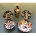 Two Japanese red, green and blue design bowls, two plates and a vase.