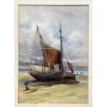 E. F. PARISH. Framed, signed, watercolour on paper, fishing boat on beach at low tide, 30cm x 21.