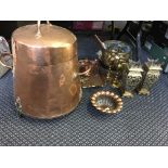 An arts and craft style copper coal bucket with lid and various copper and brass ware.