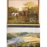 Four framed watercolours, three by R.G. COWLING, depicting Polzeath beach and two horse scenes, with