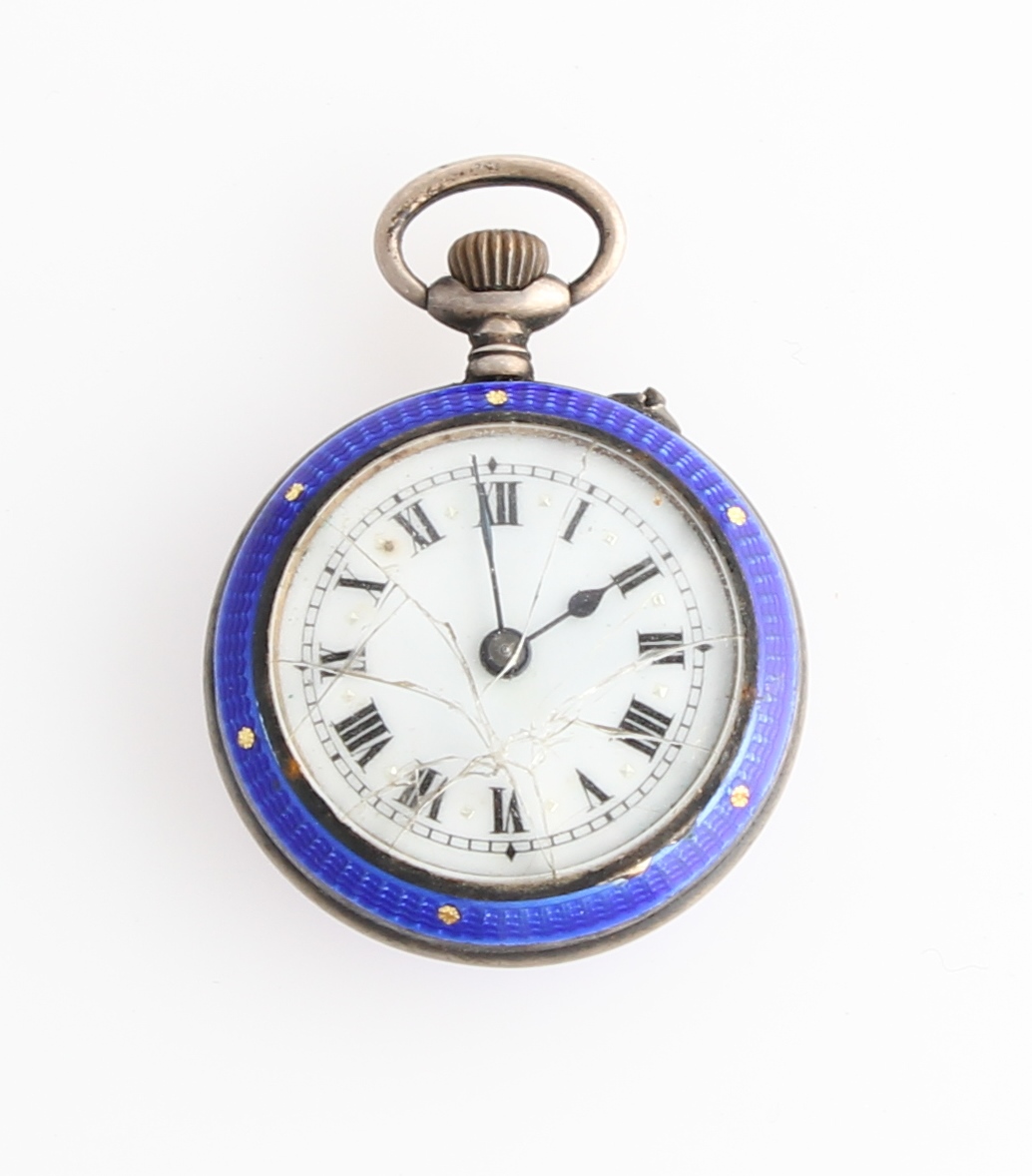 A silver enamelled fob watch, the white enamel dial having hourly Roman numeral markers with