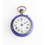 A silver enamelled fob watch, the white enamel dial having hourly Roman numeral markers with