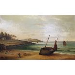 F. W. TAYLDER. Framed, signed oil on canvas, coastal scene with Dutch fishing boats, train and