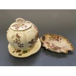 A Royal Worcester pumpkin shaped biscuit barrel with plate and one leaf shaped dish, both with