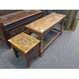 A reproduction oak carved rectangular stool on turned supports, together with a small carved oak