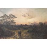 WILLIAM JOSEPH KING. Framed, signed oil on canvas, country lane with two figures at sunset, 59.5cm x