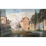 An unsigned framed and glazed watercolour of a canal scene in Bruges with figures, 26cm x 42cm.