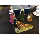 A Royal Worcester figurine, a Coalport figurine and a Beswick dog and pheasant.