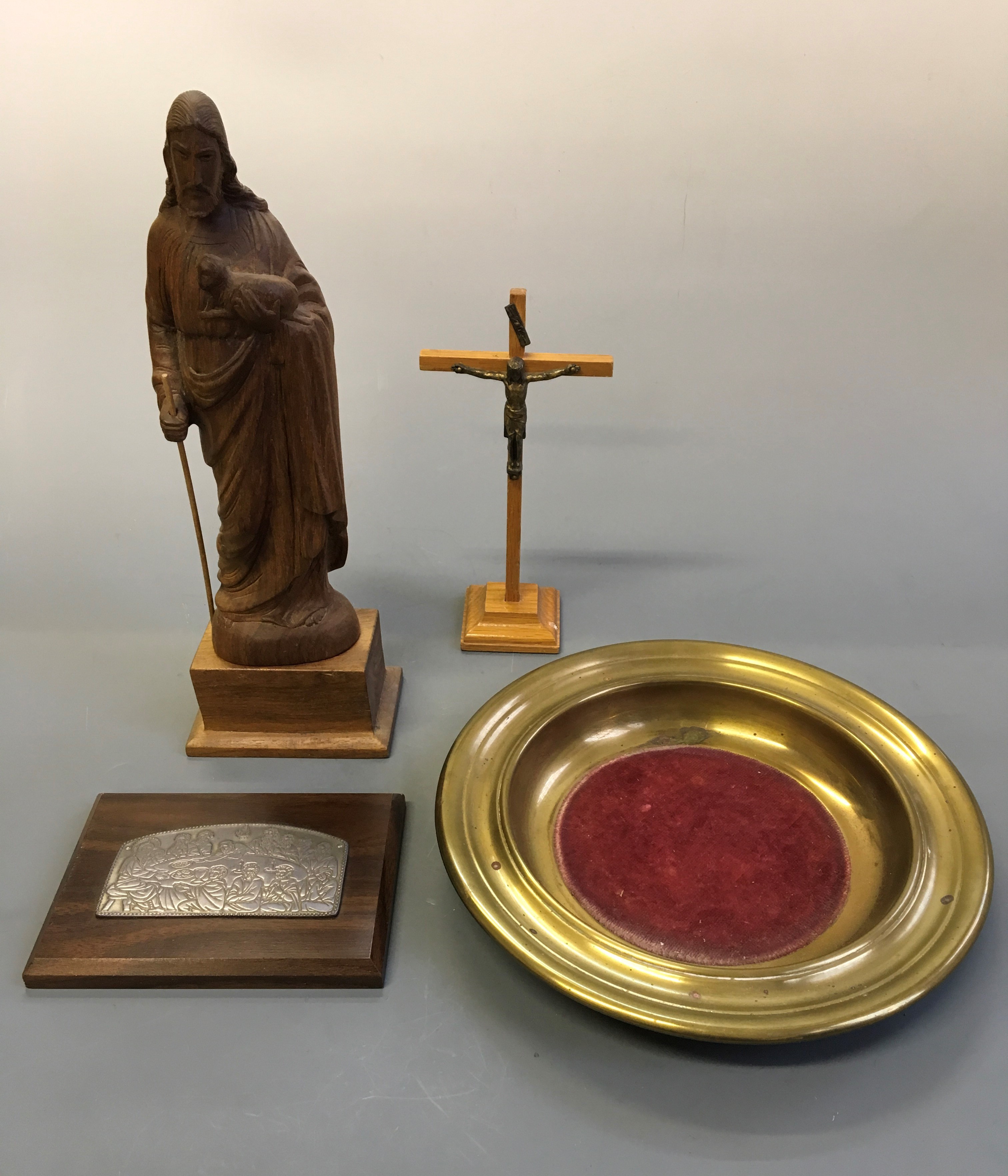 A collection tray, wooden figurine of Christ with lamb, wooden Crucifix with brass Christ on cross
