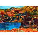HANS SCHWARZ. Signed acrylic on paper. Modernist landscape, "Collioure Castle", see labels verso.