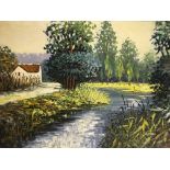 DE MORNAY. Framed, signed, oil on canvas river landscape with a cottage, 60cm x 90cm.