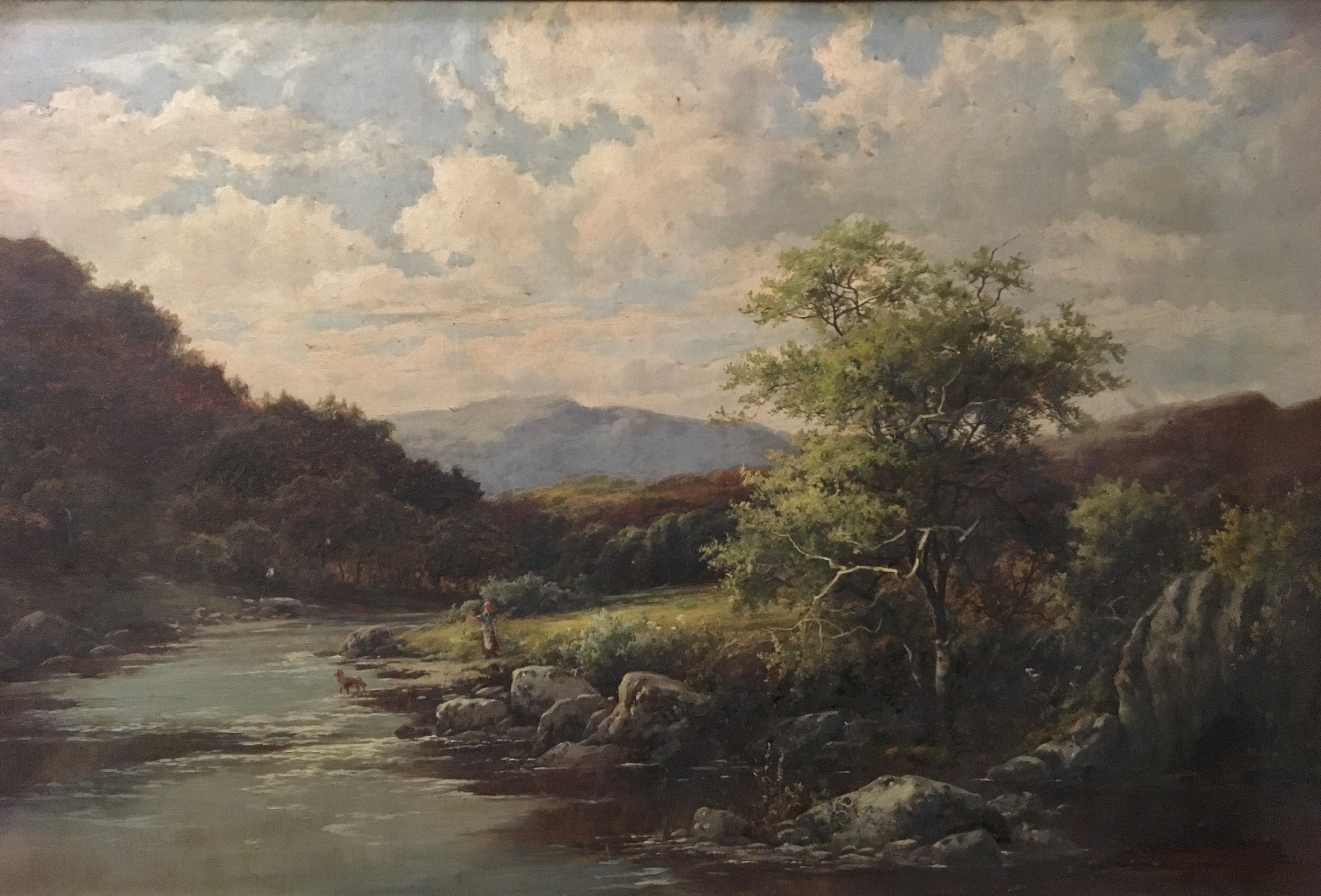 WILLIAM JOSEPH KING. Framed, signed oil on canvas, landscape with figure and dog in river, 59.5cm