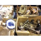 Six boxes of mixed items to include platedware, decanters, French horn, cutlery set, etc.