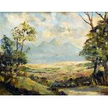 WARBURTON. Signed oil on board, 20th Century impressionist wooded landscape, mountain range