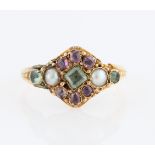 A Victorian 18ct yellow gold pink sapphire, pearl and green stone ring, hallmarked Birmingham
