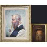 An indistinctly signed oil on canvas of an old man smoking a pipe together with a smaller oil on