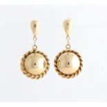 A pair of hallmarked 9ct yellow gold drop earrings, of sphere and rope twist design.