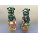 Two temple foo dogs, painted pink and green with yellow base. Heights approximately 29cm. AF.
