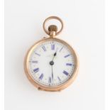 An open face crown wind pocket watch, the white enamel dial having hourly Roman numeral markers with