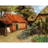 MUSIC. Framed, signed and dated 1926, oil on canvas, depicting a farmhouse courtyard with trees