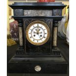 A slate mantel clock with marble classical temple style detail. Height 37.5cm.