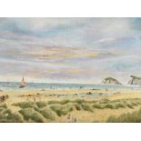 J. P. BROWN. Three oil on canvas, one framed, beach scene with cliffs in background, 45cm x 55cm,