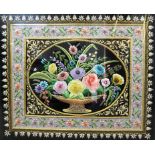 A framed silk embroidered tapestry wall hanging rug with semi-precious stones including malachite,