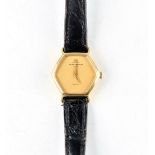 A ladies Baume & Mercier quartz wrist watch, having a gold tone hexagonal shaped dial, case