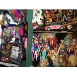 Four boxes of toys including beanie babies, Barbie dolls, Action man, etc.