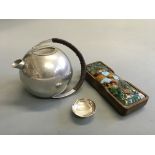 A pewter signed teapot, WMF bowl, with signed ‘J. Capo’ enamel top pencil pot.