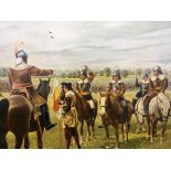 Three framed paintings, one oil on canvas depicting Roundhead cavalry preparing for battle, 61cm x