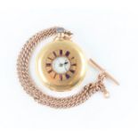An 18ct yellow gold cased J.W. Benson half hunter crown wind pocket watch, the white enamel dial
