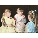 J. P. BROWN. Three oil on canvas, one titled ‘Secrets’, three girls talking, 49cm x 74.5cm, one