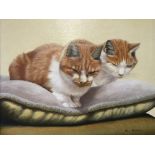 NIGEL HEMMING. A framed, signed oil on canvas, two seated ginger cats, 24cm x 29cm.