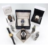 A collection of eight gents wrist watches, to include the names Bulova Accutron, Pulsar Solar, Casio