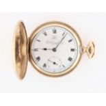 A gold plated Thomas Russell full hunter crown wind pocket watch, the white enamel dial having
