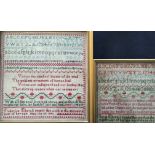 Two framed samplers dated 1842 and 1843.