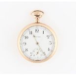 A gold plated Waltham open face crown wind pocket watch, the white enamel dial having hourly