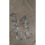 An eighteenth Century Chinese painting on silk, depicting four figures in interior looking onto