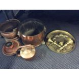 Two copper coal buckets, kettle, brassware, etc.