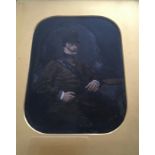 A framed painting on glass, portrait of seated soldier, approximately 20cm x 15cm.