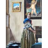 J. P. BROWN. Three oil on board, one titled ‘Girl at the Virginal after Vermeer’, Dutch interior