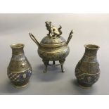 A Chinese censer with cloisonné design and dog to top, height 22.5cm, together with two cloisonné