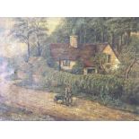 Framed, unsigned oil on canvas, man pushing wheelbarrow by cottage, 30.5cm x 45.5cm.