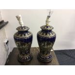 A pair of blue and gilt lamp bases depicting females.