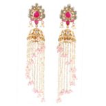 A pair of gold plated Indian style chandelier earrings, set with various gemstones to include rubies