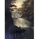 C. J. PARRY. Framed, signed oil on canvas, dated 1874, titled ‘Swallow Falls’, seated man watching